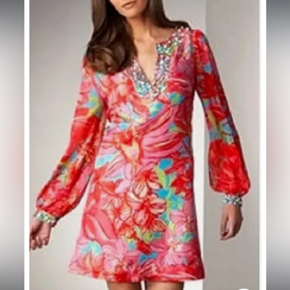 Lilly Pulitzer Size 0 Jubilee Silk Bateau Neck Tunic Top Fuchsia Multi Floral